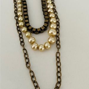 J Crew Antique Gold Chain and Faux Hand knotted Pearl Layered Necklace